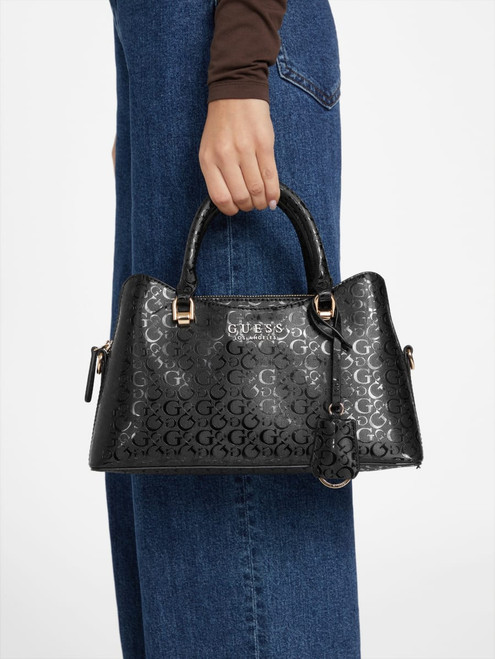GUESS Kiran Logo Shine Satchel BLACK Image 1 GUESS Kiran Logo Shine Satchel BLACK Image 1