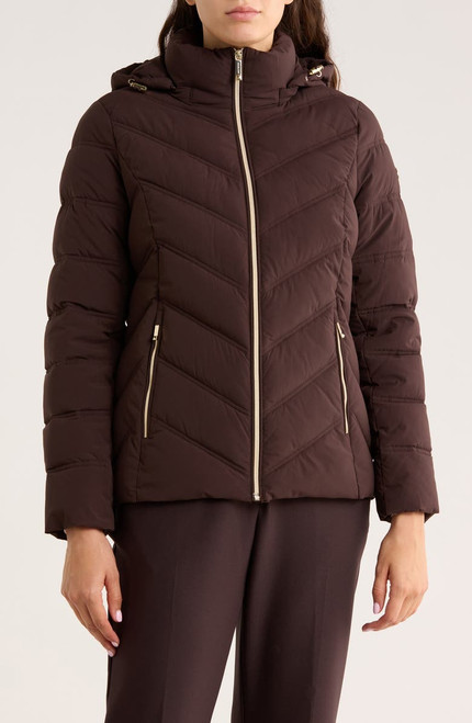 MICHAEL KORS  Water Resistant Chevron Quilted Jacket - Chocolate