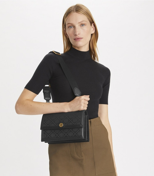 TORY BURCH Small T Monogram Shoulder Bag - Black TORY BURCH Small T Monogram Shoulder Bag - Black