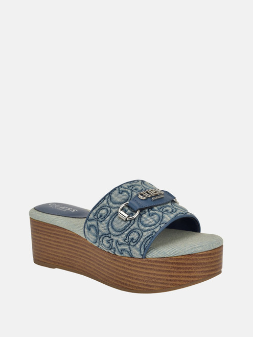 GUESS Matties Denim Wooden Platform Sandals BLUE Image 1 GUESS Matties Denim Wooden Platform Sandals BLUE Image 1