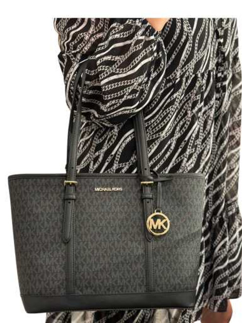  Michael Kors Jet Set Medium Front Pocket Chain Top Zip Tote  Black Pebbled Leather : Clothing, Shoes & Jewelry