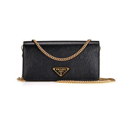 PRADA Saffiano Leather Wallet on Chain Clutch Crossbody Bag Black