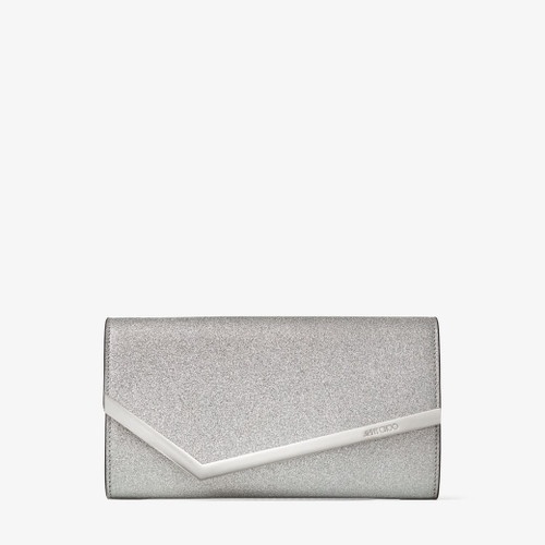 JIMMY CHOO Emmie Silver Fine Glitter Leather Clutch Bag