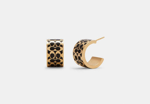 COACH Signature Enamel Huggie Earrings GOLD/BLACK Image 1