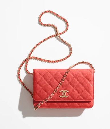 CHANEL Grained Calfskin & Gold-Tone Metal Wallet On Chain Red