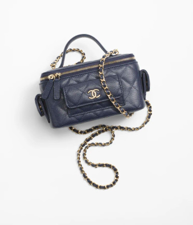 CHANEL Clutch With Chain Grained Shiny Calfskin & Gold-Tone Metal Navy Blue