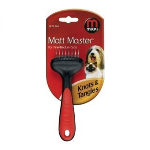 Keep your pets clean and well groomed with the Matt Master for Fine or Medium Coats from Mikki. The brilliant tool is perfect for removing knots and tangles in your cat or dog's fur. This tool has a stainless steel blade with serrated edges for easy cutting and rounded ends for safety. Matt Masters have specially shaped blades which are designed to work through matts and tangles in long coats with the minimum of hair loss. Keep your pets clean and well groomed with the Matt Master for Fine or Medium Coats from Mikki. The brilliant tool is perfect for removing knots and tangles in your cat or dog's fur. This tool has a stainless steel blade with serrated edges for easy cutting and rounded ends for safety. Matt Masters have specially shaped blades which are designed to work through matts and tangles in long coats with the minimum of hair loss.