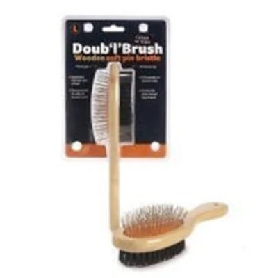 Choose the Sharples Doub'l wooden handle soft pin dog brush for a steady grip and two grooming sides. Tackle loose hair and tangles with care.