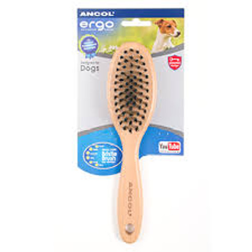 he Ancol Ergo Wood Handle Soft Bristle Brush is a traditionally designed grooming tool. Ideal for small dogs, puppies and cats, the brush will smooth your pet's coat and removes loose hairs. The brush has soft bristles, making it ideal for pets that are nervous about being groomed and suitable for all types of dog coat. The soft brush is also useful to smooth long coats after they have been groomed with a moulting comb or slicker. Grooming your pet helps maintain a smooth and glossy coat and is an important way of bonding with them. 