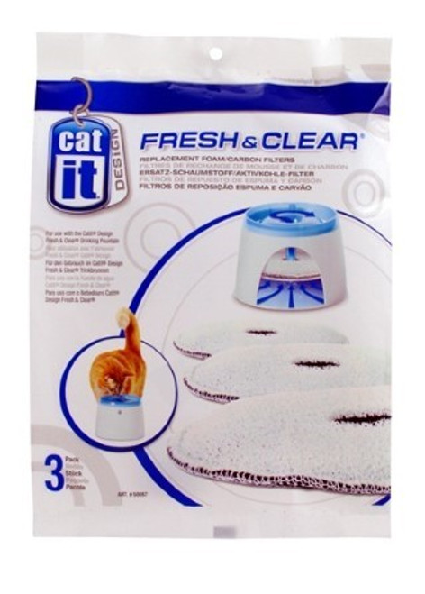 Catit Design Fresh & Clear Replacement Foam/Carbon Filter is designed for use with Catit Design's Fresh & Clear Drinking Fountain for Cats . This dual-function replaceable filter helps collect debris, food and sediment, helps reduce bad tastes and odors, as well as absorbs impurities present in tap water.