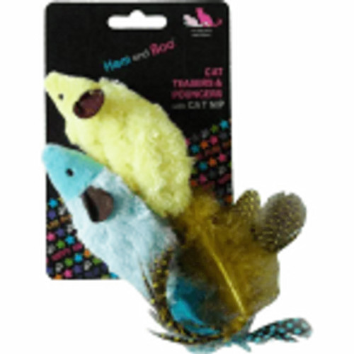 Bright, mixed colour, 2 soft mice pouncers per card with cat nip and fabulous feathers for a tail for the extra fun factor!   Bright, mixed colour, 2 soft mice pouncers per card with cat nip and fabulous feathers for a tail for the extra fun factor!