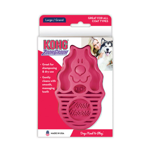 The KONG ZoomGroom™ helps make it easier to get your dogs clean. While shampooing use the ZoomGroom™ to clean your dogs’ coat. The 3/4 inch rubber fingers reach through the coat to massage the skin, stimulating capillaries and natural oil production leading to a healthy coat for your dog.