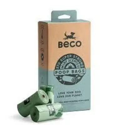 Keep walks ready with Beco poop bags: 270 strong, leak-proof bags on recycled cardboard cores, sized for standard dispensers. Pick up the mint-scented pack.