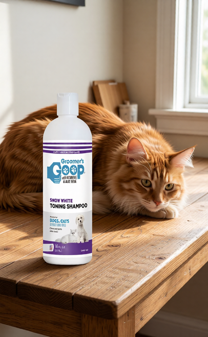 Groomer's Goop Snow White  Toning Shampoo helps remove yellow and brassy tones without drying coats. Ideal for white coats.