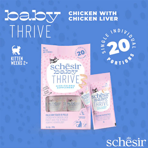 When your kitten is underwieght or just needs a boost Schesir Thrive is a convenient way of helping them
20 individual 8g sachets in each pouch
Ideal for litters