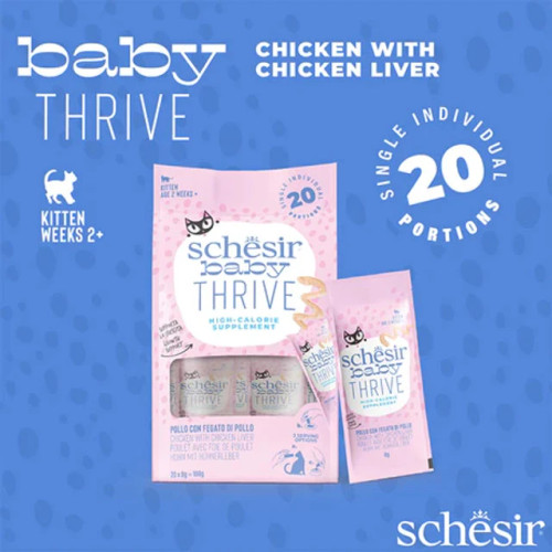 When your kitten is underweight or just needs a boost 
Schesir Thrive is a convenient way of helping them
20 individual 8g sachets in each pouch
Ideal for litters