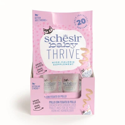 Buy Schesir Baby Thrive kitten food in 20 x 8g sachets for growing litters. Real chicken, chicken liver and rich liquids provide tasty, gentle support.