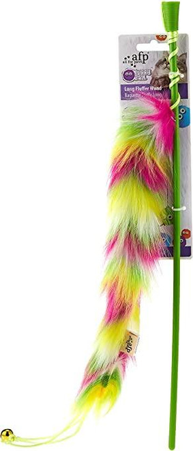 long fluffy cat tickler. 
Bright and colourful for your cat to chase.