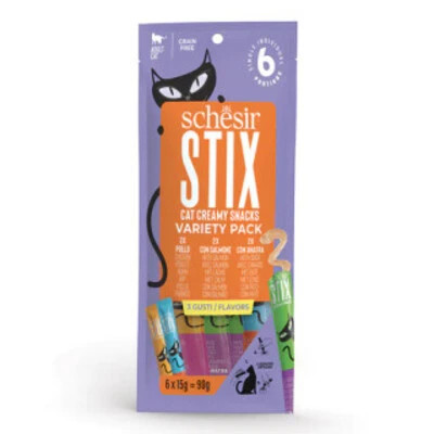  Indulge your feline with Schesir Stix Mixed Flavours! Each 90g pack features creamy, grain-free snacks made from real proteins, perfect for hydration and taste.
