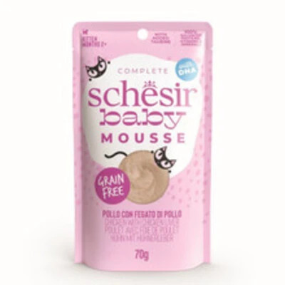 Schesir Baby Mousse Kitten Food offers a delicious chicken & liver recipe, enriched with taurine and DHA for healthy growth. Perfect for weaning kittens!