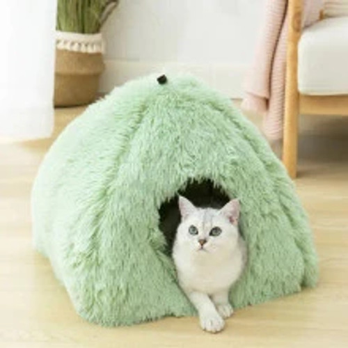 Soft and warm  pyramid style cat bed
Available in green
