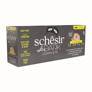  Satisfy your cat's carnivorous cravings with Schesir After Dark Pate Variety Pack. Four tasty flavours provide a complete, balanced meal for your beloved feline.