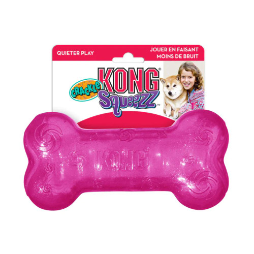  The KONG Squeez Crackle Bone is a must-have for your dog! Its vibrant pink colour and satisfying crunch make playtime exciting and fun for your furry friend.
