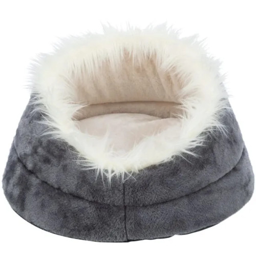 Soft plush grey Minou cat bed with foam padding, a reversible quilted cushion and non-slip base. Give your cat a cosy place to rest—shop today.