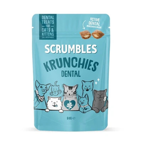Buh-bye bad teethies, hello pearly whites! Scrumbles  cat dental treats are the perfect way to reduce smelly breath, with an active ingredient proven to reduce plaque by up to 80%