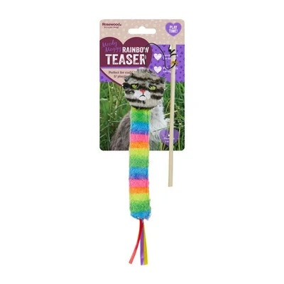 Moody Moggy Rainbow Cat Teaser brings ribbons, bells, catnip and crinkle sounds together for lively play. Treat your cat to a toy they'll love at home today.