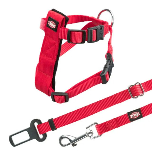 Stylish cat car harness in red webbing
Features  buckle to clip into seatbelt of car