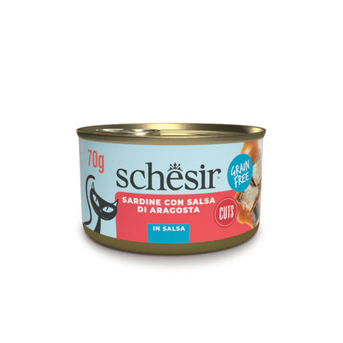 Delight your cat with Schesir Sardine Pate with Lobster Sauce. This gourmet, grain-free pate is crafted from natural ingredients for a satisfying and healthy meal.