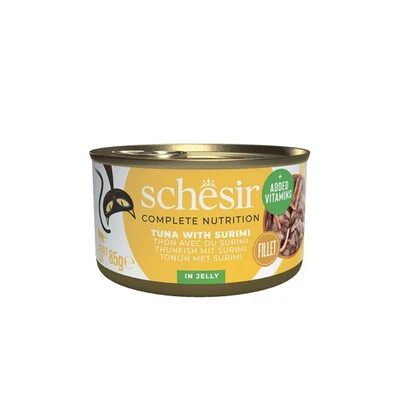 Feed your cat Schesir Tuna with Surimi In Jelly Complete and Balanced 85g, a natural, trusted nutrient-rich meal for health. Shop now for a happy cat today!