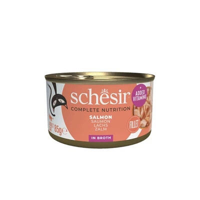 Schesir Salmon In Broth Complete and Balanced 85g: natural, high-protein salmon with taurine and no preservatives. Boost your cat's health, order today!