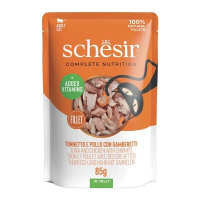Treat your cat to Schesir Tuna with Chicken & Shrimps In Jelly 85g — 100% fillets, balanced nutrition and tasty jelly. Buy now to delight your feline!

