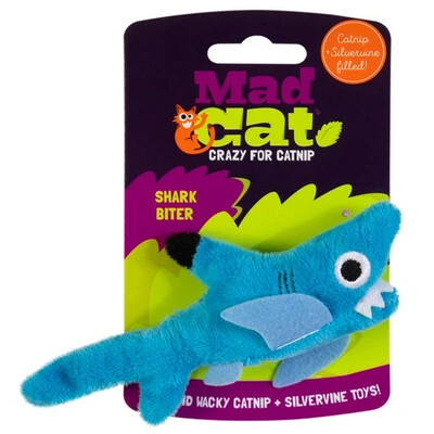 Mad Cat Shark Biter catnip and silvervine toy keeps cats active, engaged and content. Shop the soft blue shark for play, exercise and cosy cuddles.