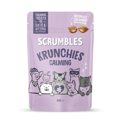 Help your cat unwind with Scrumbles Krunchies Cat Calming Pillow Treats. Made with chicken and valerian, these natural treats promote relaxation and comfort.