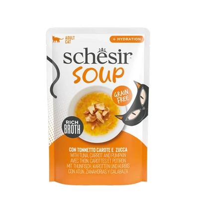Schesir Soup Tuna with Carrots & Pumpkin 40g — 100% natural, grain-free tuna soup with pumpkin. Open, press & serve for a healthy, tasty cat treat. Buy now!