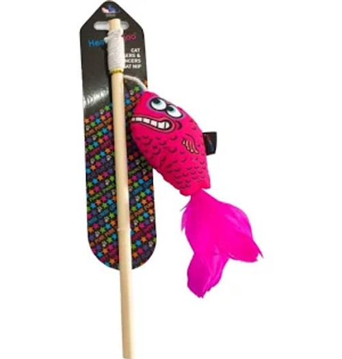 Wacky catnip fun
Bright fish with feather tail on a wooden wand