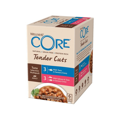 Elevate your cat's dining experience with Wellness CORE Tender Cuts Tuna Selection. This grain-free, protein-packed multipack features tender cuts and wholesome ingredients.
