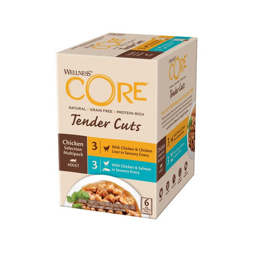 Elevate your cat's dining experience with Wellness CORE Tender Cuts Tuna Selection. This grain-free, protein-packed multipack features tender cuts and wholesome ingredients.