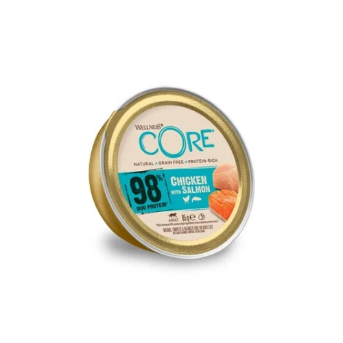 Buy Wellness CORE chicken with salmon cat food, made with 98% animal-origin ingredients for a tasty, natural meal. Order twelve 85g tins online today.