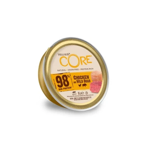 Choose Wellness CORE 98% Chicken & Wild Boar cat food for rich taste and vital nutrients. This complete pâté supports adult cats. Order a 12-pack now.