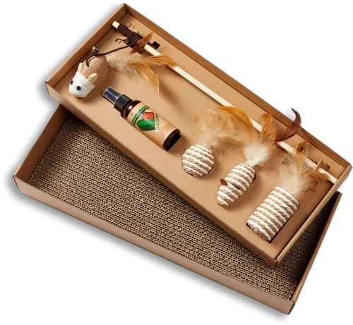 Just Catnip 5 in 1 play set brings chase, scratch and pounce time together with 3 catnip toys, a wand, cat scratcher and spray. Make playtime more fun.