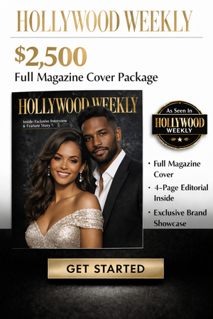A sleek, Vogue-style promotional image featuring a cinematic portrait from Hollywood Weekly, paired with bold black-and-gold typography. The design highlights a $2,500 celebrity portrait feature, reinforced by an “As Seen in Hollywood Weekly” credibility badge and a clear “Apply Now” call-to-action, creating a polished, high-end magazine advertising look.