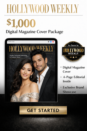 A clean, portrait-style promotional image featuring a Hollywood Weekly magazine page as the background, paired with a sleek black lower panel. Bold gold and white text highlights a “Digital Cover Feature” offer priced at $1,000, alongside an “As Seen in Hollywood Weekly” badge and a prominent “Apply Now” call-to-action. The overall design has a polished, Vogue-inspired look with a modern, high-end editorial f