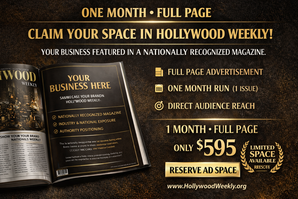 Full-page advertisement layout in Hollywood Weekly Magazine featuring a luxury, high-gloss editorial design with bold branding, cinematic visuals, and premium typography styled like a celebrity magazine spread.