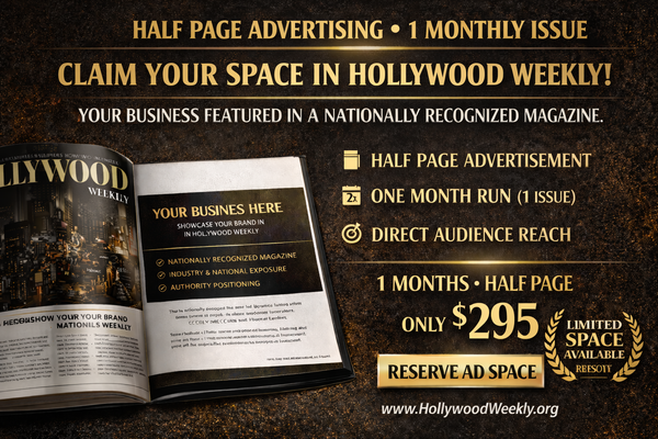 Half-page advertisement layout in Hollywood Weekly Magazine featuring a modern editorial design with bold branding, clean typography, and a professional magazine-style layout for business promotion and brand exposure.