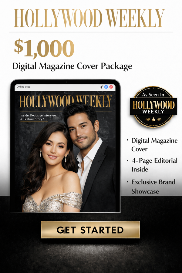 A clean, portrait-style promotional image featuring a Hollywood Weekly magazine page as the background, paired with a sleek black lower panel. Bold gold and white text highlights a “Digital Cover Feature” offer priced at $1,000, alongside an “As Seen in Hollywood Weekly” badge and a prominent “Apply Now” call-to-action. The overall design has a polished, Vogue-inspired look with a modern, high-end editorial f