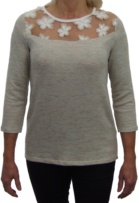 Beaded Flower Lace Top 3/4 Sleeve Top